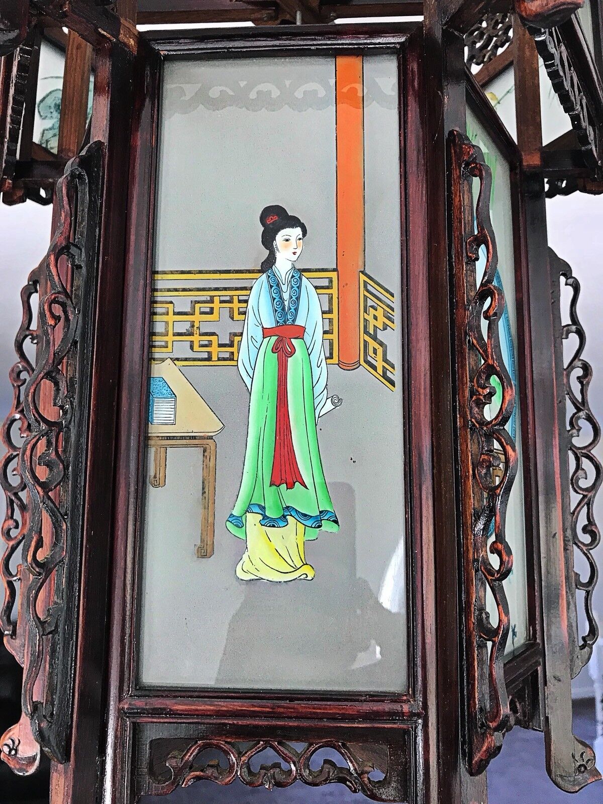 Rare Antique Chinese Zitan Hardwood Reverse Painted Glass Paneled Carved Lantern Без бренда - фотография #8