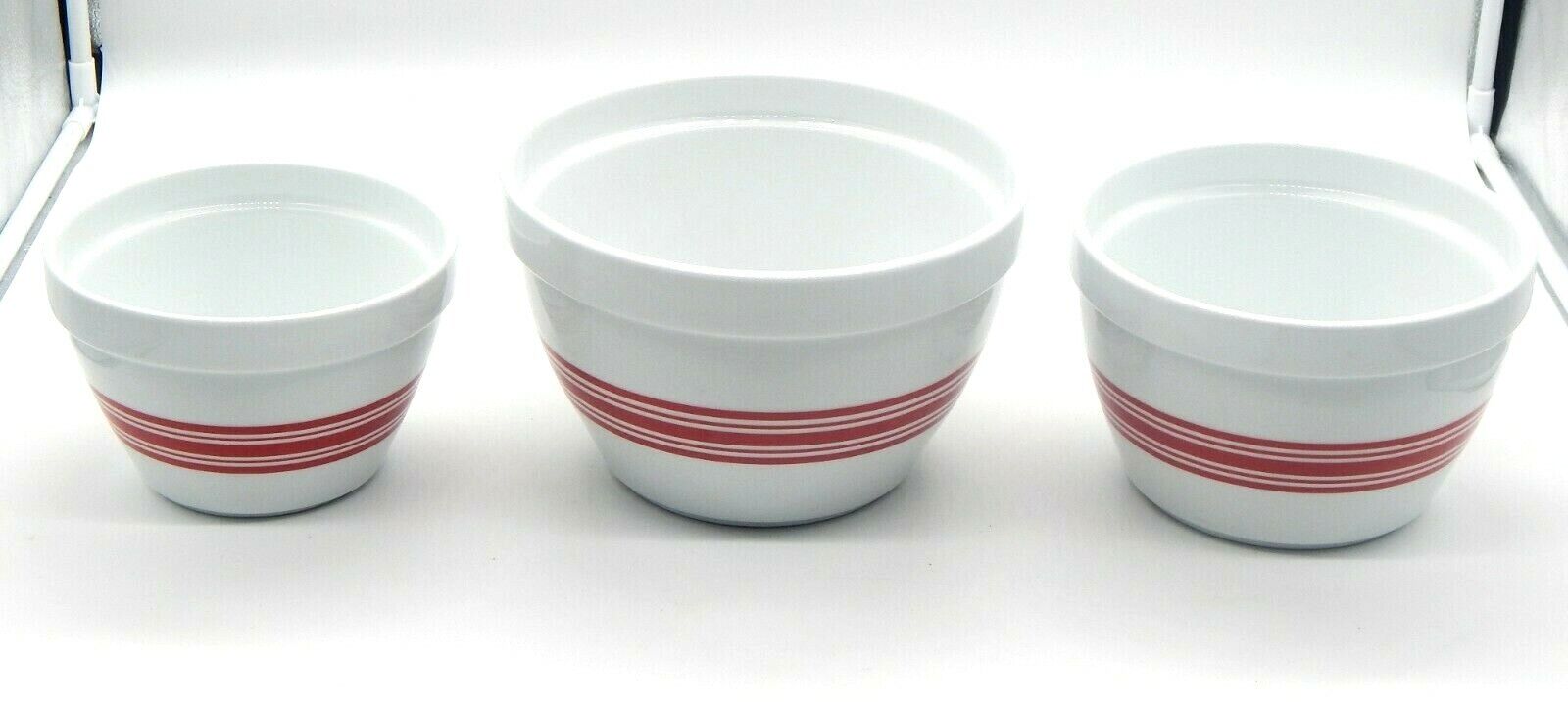 Crate and Barrel Set of (3) Nesting Red Stripe Ceramic Mixing 7", 8", 9.5" Bowls Crate & Barrel N/A