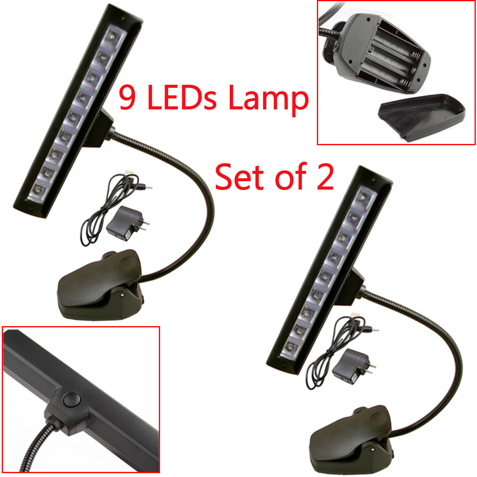 2Pcs 9 LEDs Clip-On Orchestra Music Stand Flexible LED Lamp Light With Adapter Unbranded/Generic Does not apply