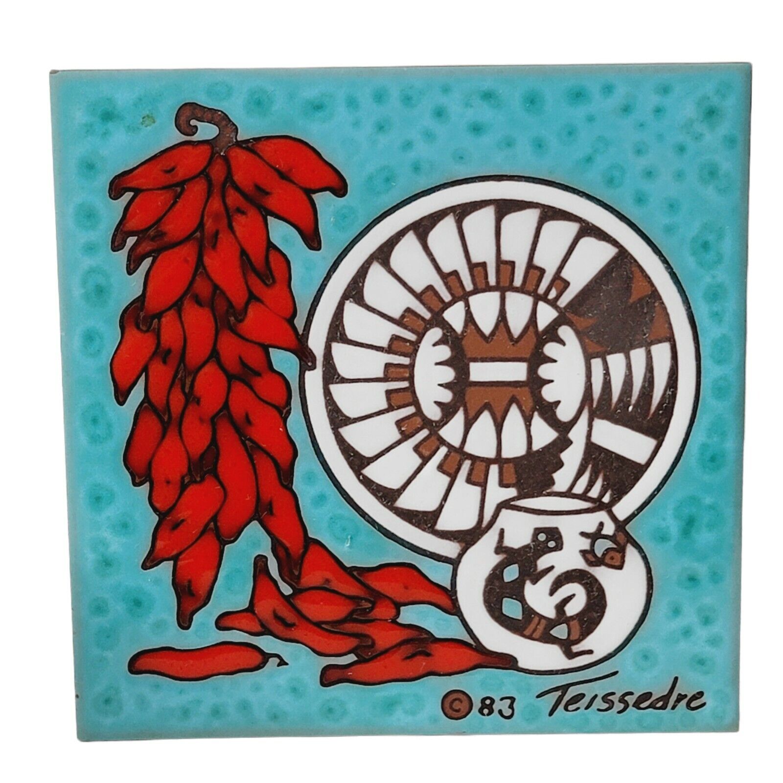 2 Cleo Teissedre Southwest Teal Red Hand Painted Art Tile Trivet Coaster ‘83 ‘90 Cleo Teissedre - фотография #2
