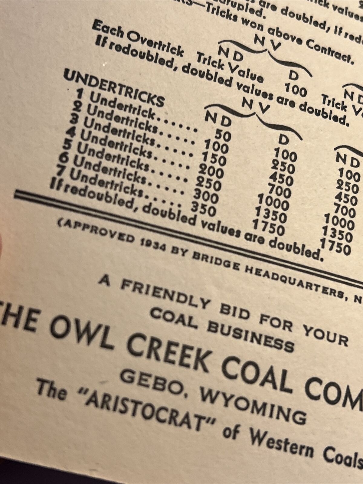 RARE NOS 1934 Owl Creek Coal Company Gebo, WY Bridge Score Sheet UNUSED  #FB Без бренда - фотография #4