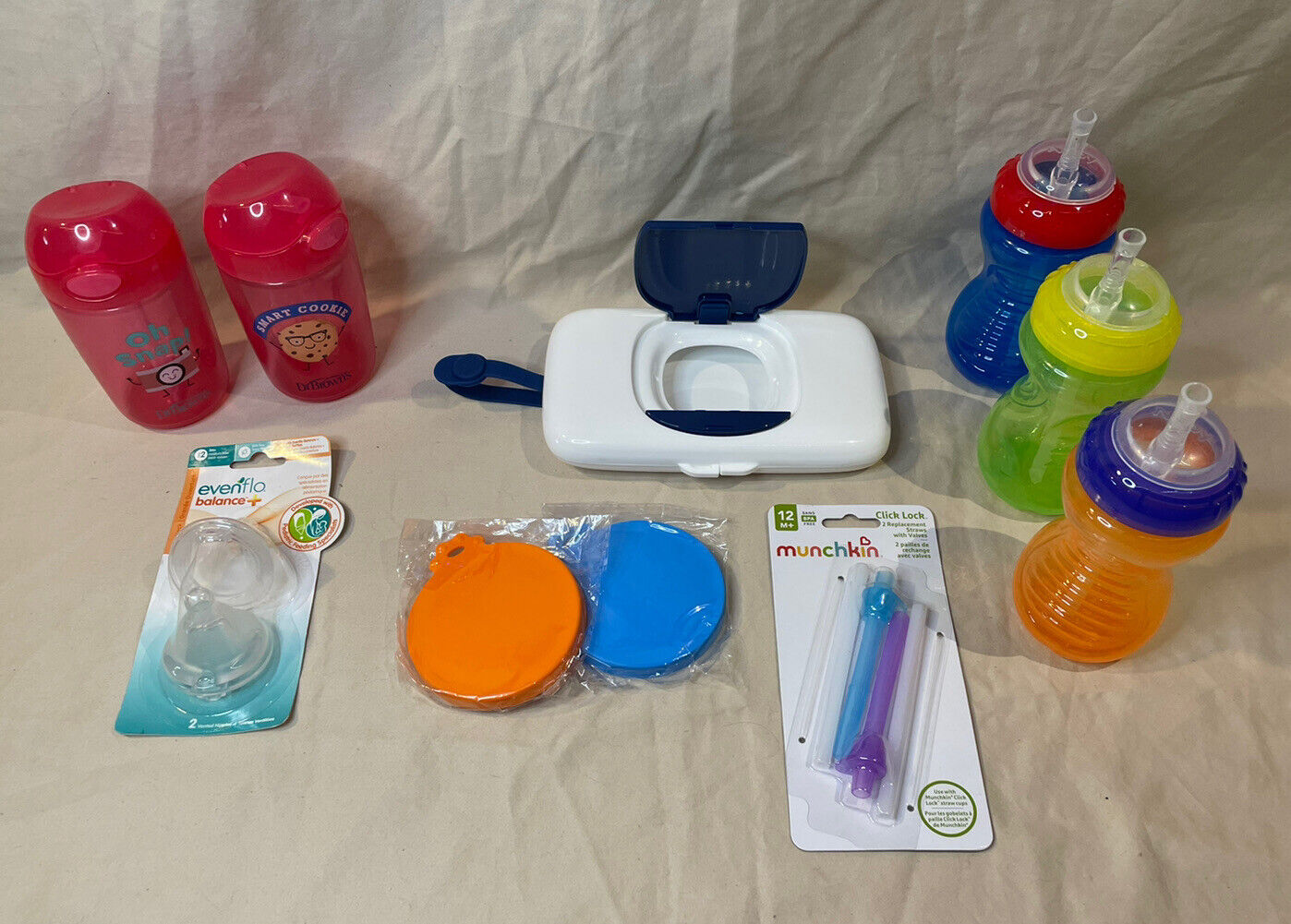 MSRP $55+ Baby Supply Lot 5 Sippy Cups, 2 Can Covers, Straws, Bottle Nipples, St Assorted