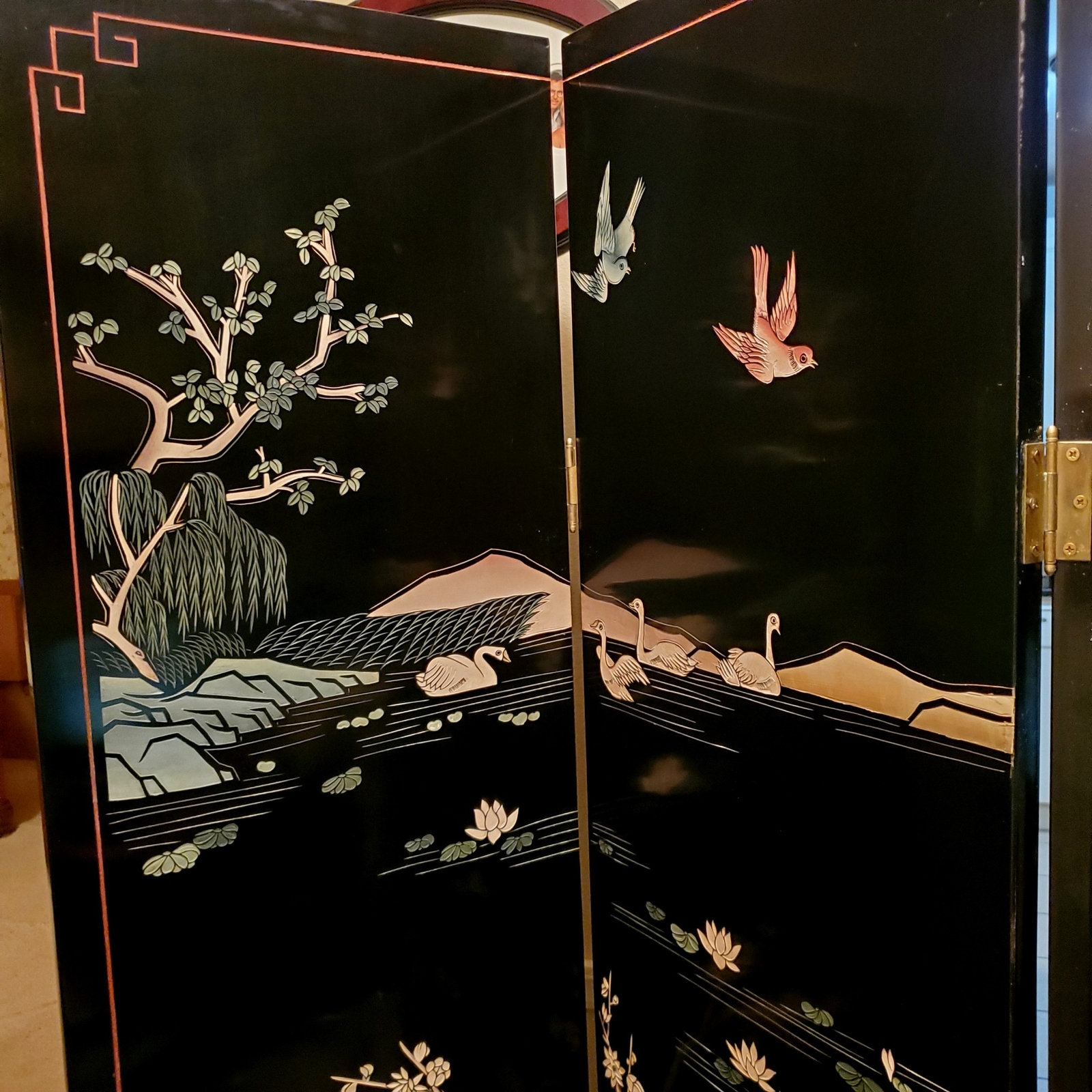 Vintage Wood Folding Room Divider Screen 4 Panel Black Lacquered Chinese Asian Unbranded - фотография #2