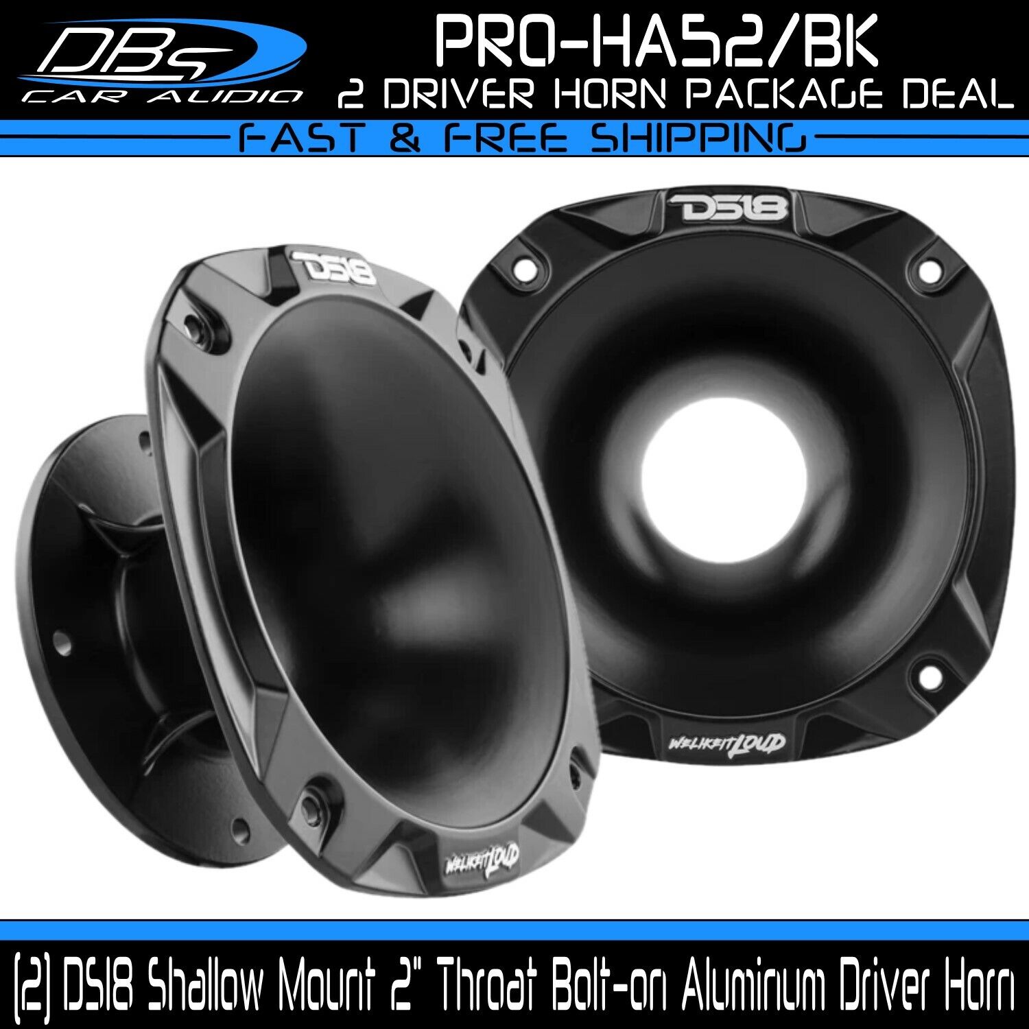 2x DS18 PRO-HA52 Black Aluminum Universal 2" Throat Bolt on Driver Tweeter Horn DS18 PRO-HA52 PRO-HA52/BK PRO-HA50