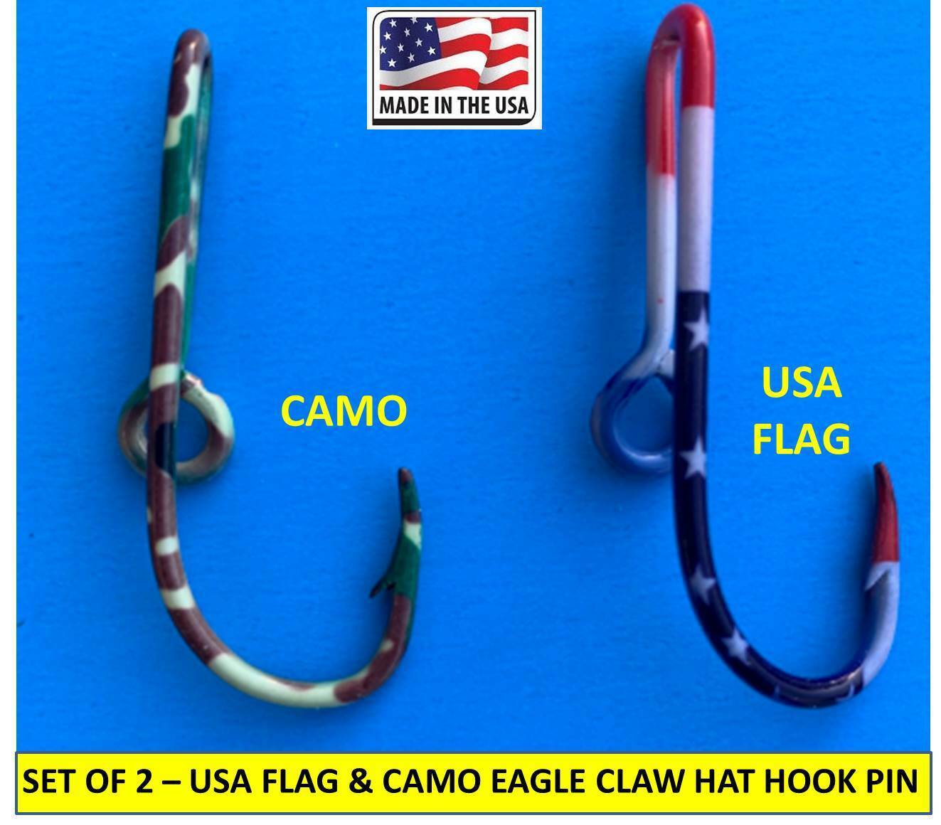 USA FLAG + CAMO HOOKS - EAGLE CLAW FISH HOOK HAT PIN MONEY CLIPS - Set of TWO(2) Eagle Claw