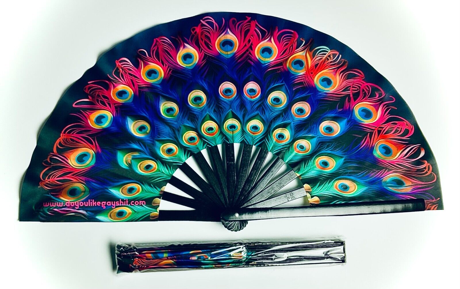 Sexy Rainbow Peacock Feathers 26"  Extra Large Folding Clack Gay Pride Fan Rave Do You Like Gay Shit?