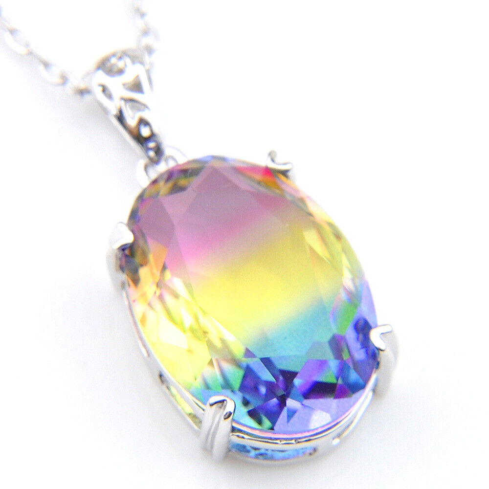 MIX 2PCS Sparking Oval Drop Rainbow Bi Tourmaline Gems Silver Necklace Pendants Luckyshine - фотография #3