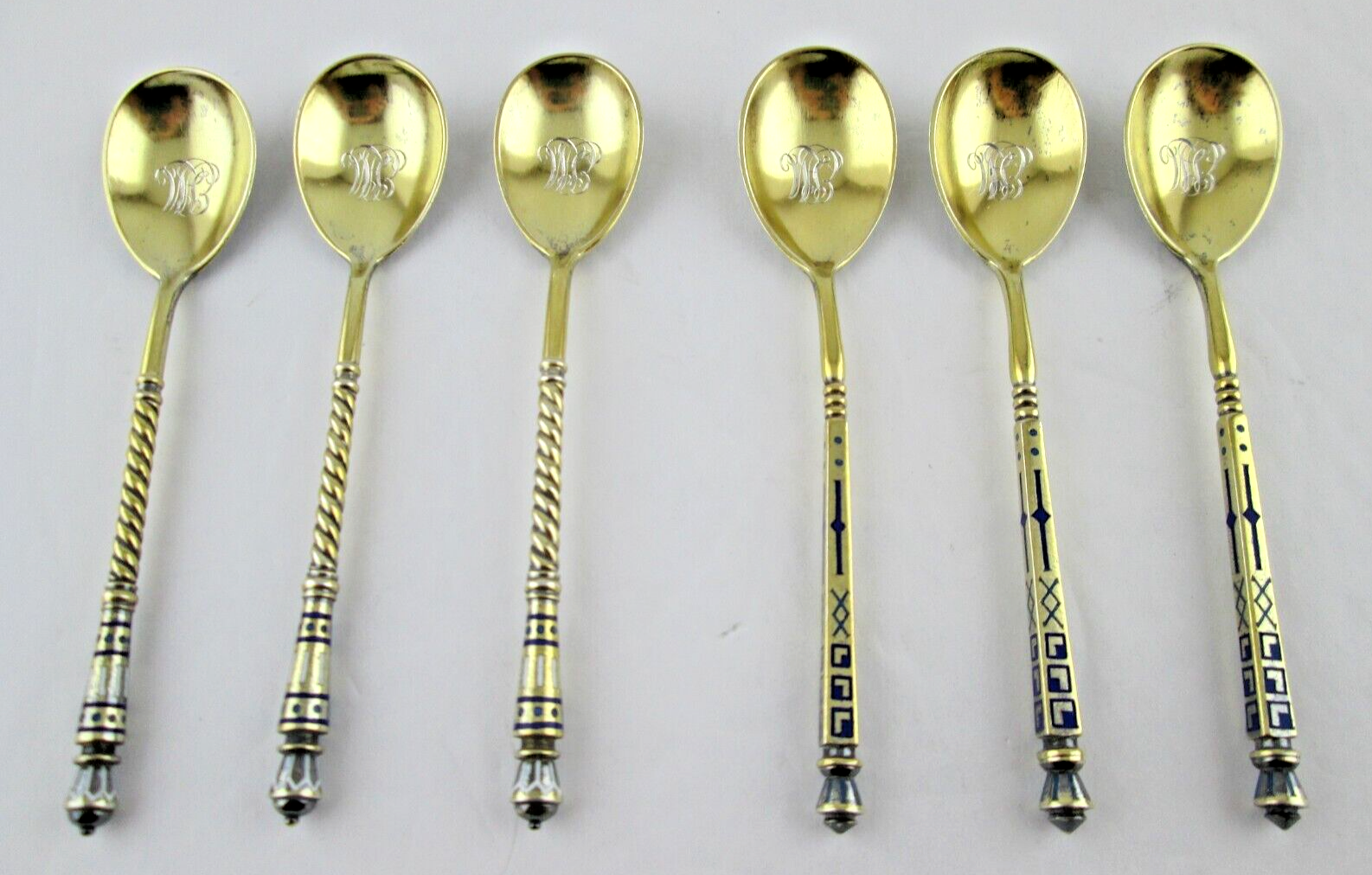 Antique RUSSIAN Silver 84 GILT CHAMPLEVE ENAMEL 6 Spoons Unknown - фотография #2