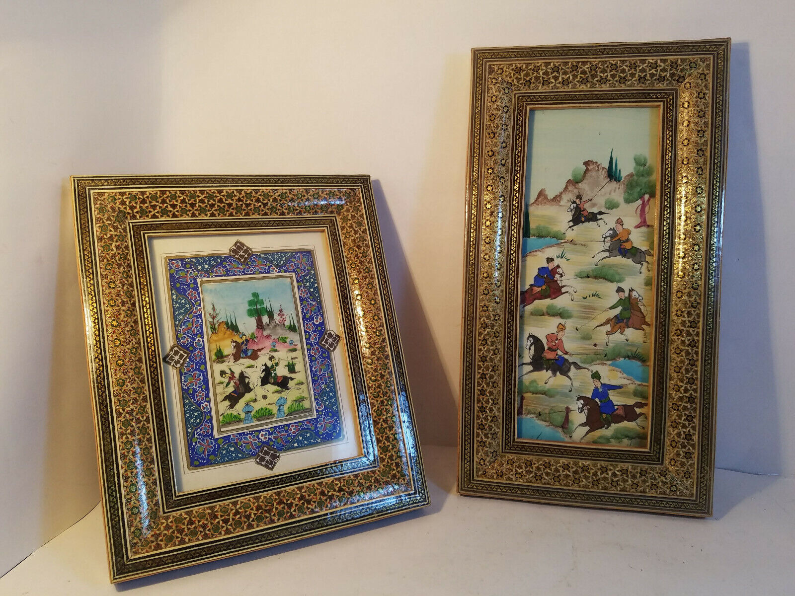 Lot of 2 Vintage Persian Equestrian Paintings in Wooden Khatam Inlay Frames Без бренда
