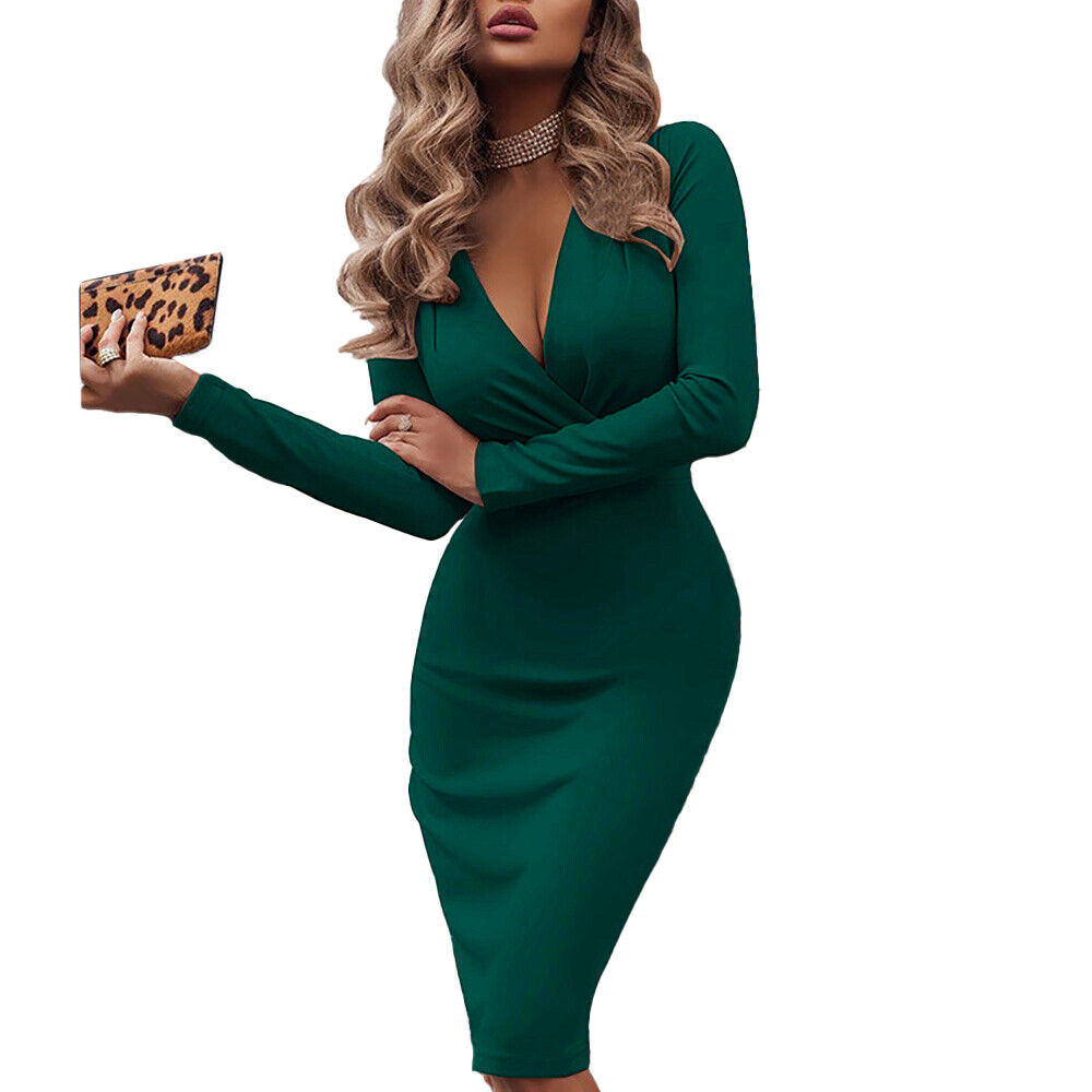 Women Long Sleeve Bodycon Dress Sexy V Neck Evening Party Sweater Midi Dress Unbranded Does Not Apply - фотография #9