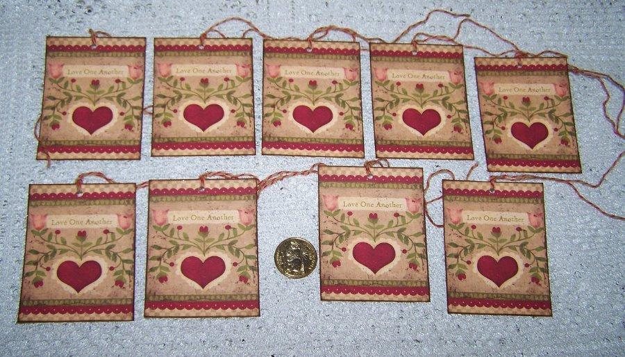 9~Primitive~Valentine's Day~Love One Another~Linen Cardstock~Gift~Hang~Tags Без бренда