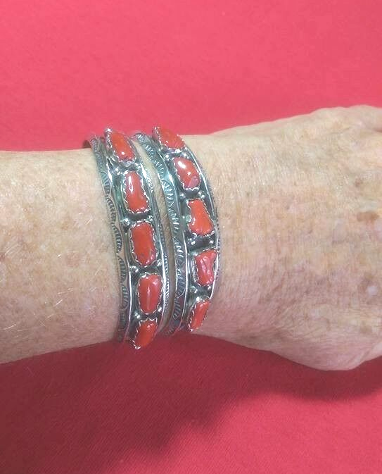Navajo 5 Red Mediterranean Coral & Sterling Silver Bracelet Native American USA Без бренда - фотография #3