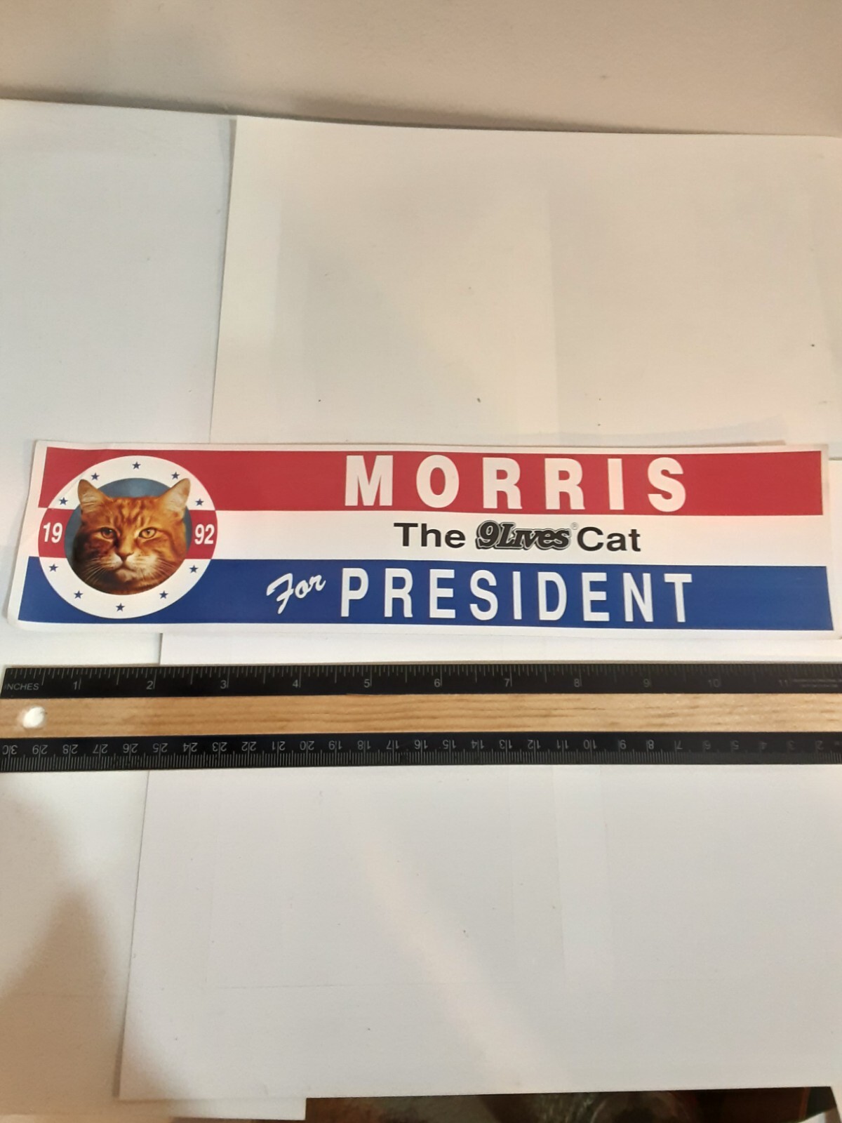 VINTAGE 1992 MORRIS THE 9 LIVES CAT FOR PRESIDENT BUMPER STICKER 12" × 3" Без бренда