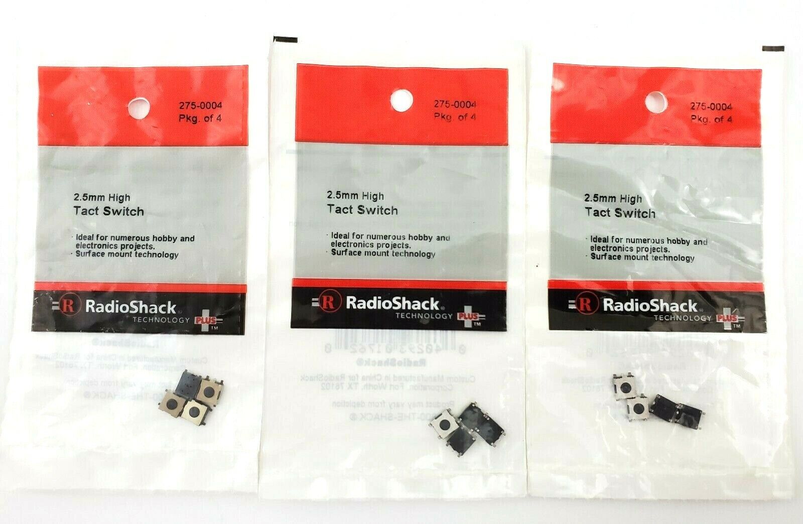 Lot of 3 Packs of 4 Tact Switches 2.5mm High SPST 50mA 12VDC 6.2mm x 2.5mm Radio Shack 275-0004