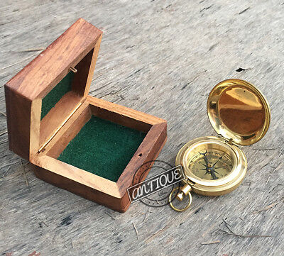 Vintage Small Pocket Office 2" Compass w/Box Wooden Gift Traveler Hiking To Без бренда