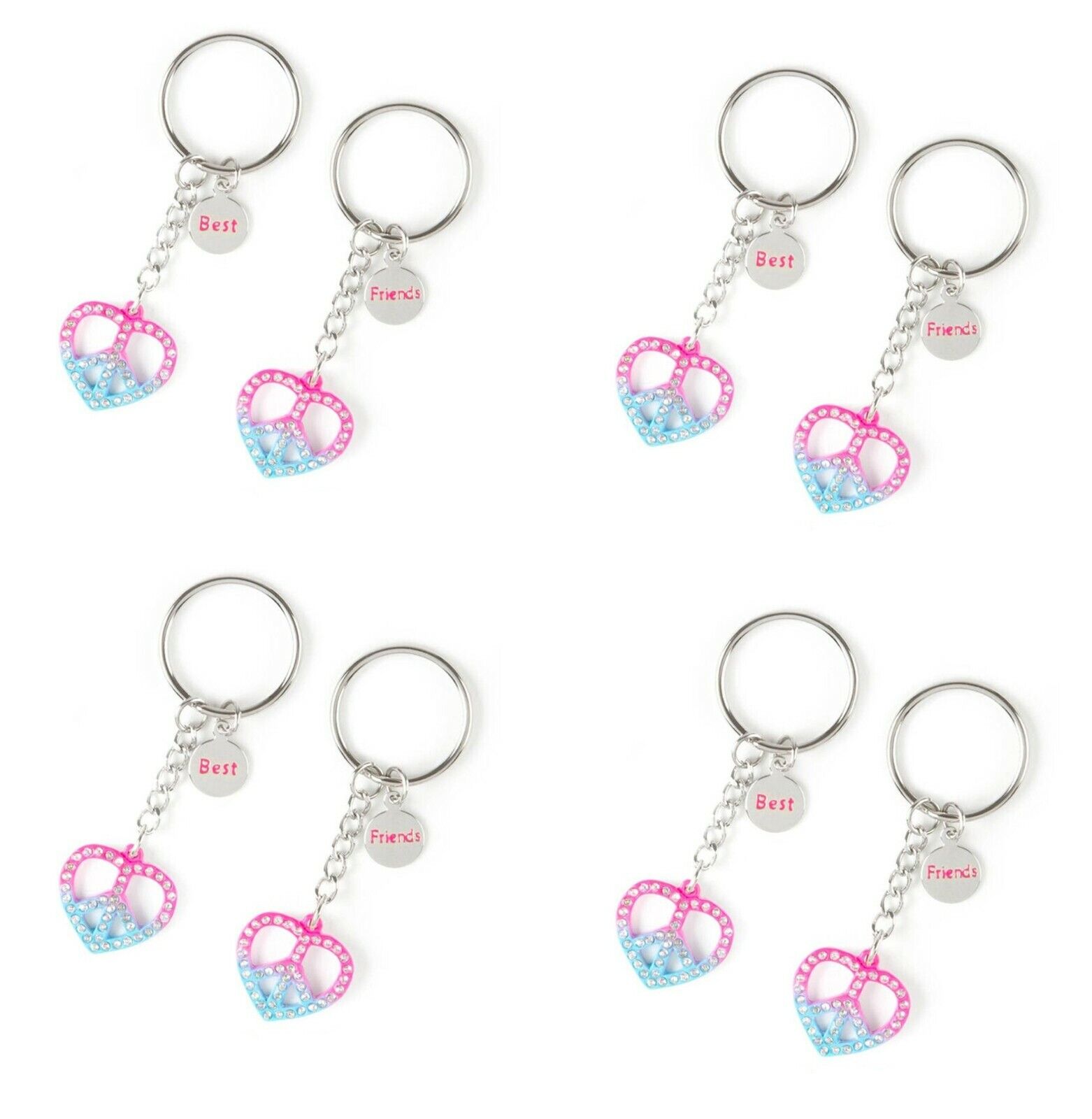 4 Best Friends Ombre Rhinestone Pink Blue Peace Heart Key Chains Rings Set 2 BFF Claire’s