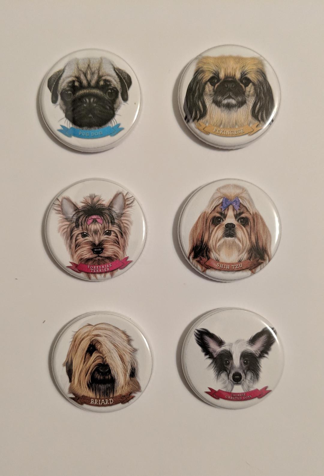 Lot of 6 1.25" Flatback Buttons Dogs (Approx. 32mm) #2 Handmade