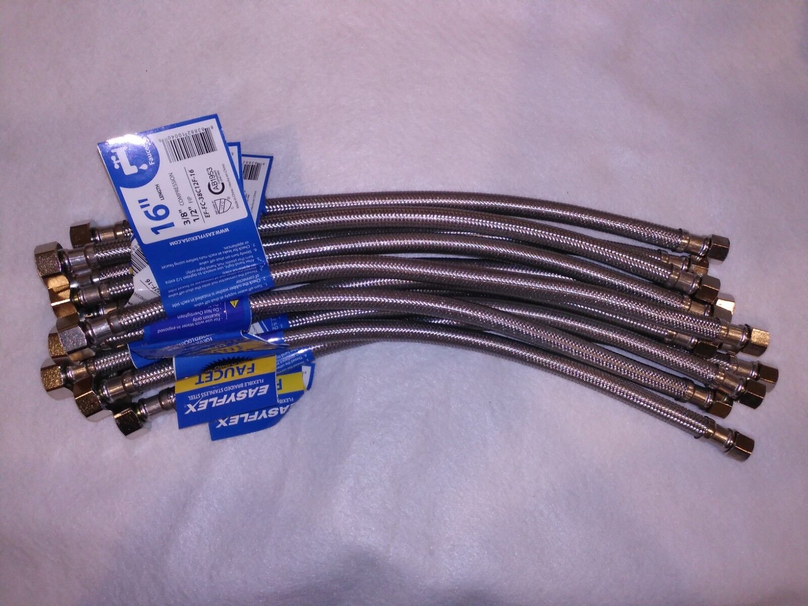 Faucet Sink Supply Line 3/8" Compression X 1/2" X 16"  Stainless Braided 12 PACK Easyflex EF-FC-38C12F-16