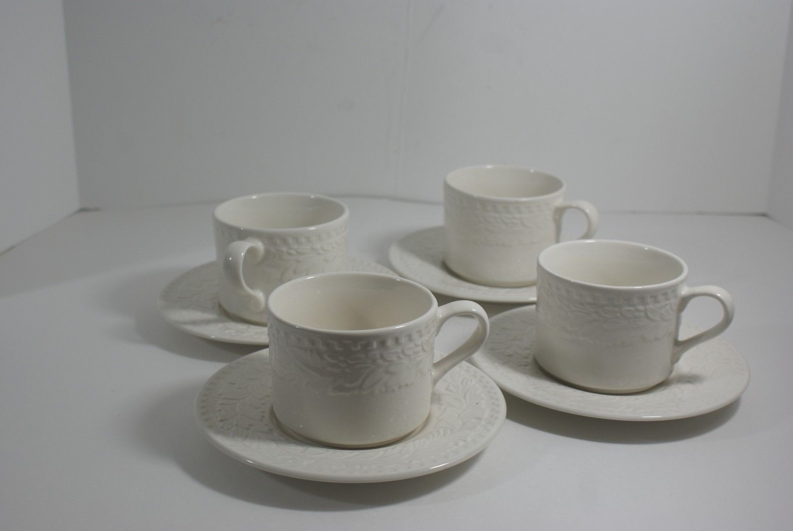 Sango Athens 8872 White Embossed Leaf Border Cups & Saucers Set of 4 Sango 8872
