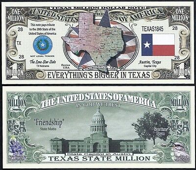 Lot of 100 BILLS -TEXAS STATE MILLION DOLLAR w MAP, SEAL, FLAG, CAPITOL Без бренда
