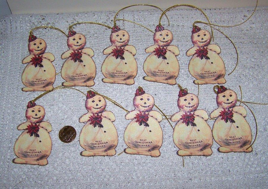 10~Christmas~Vintage~Snowman~Glitter~Fussy Cut~Linen Cardstock~Gift~Hang~Tags Без бренда