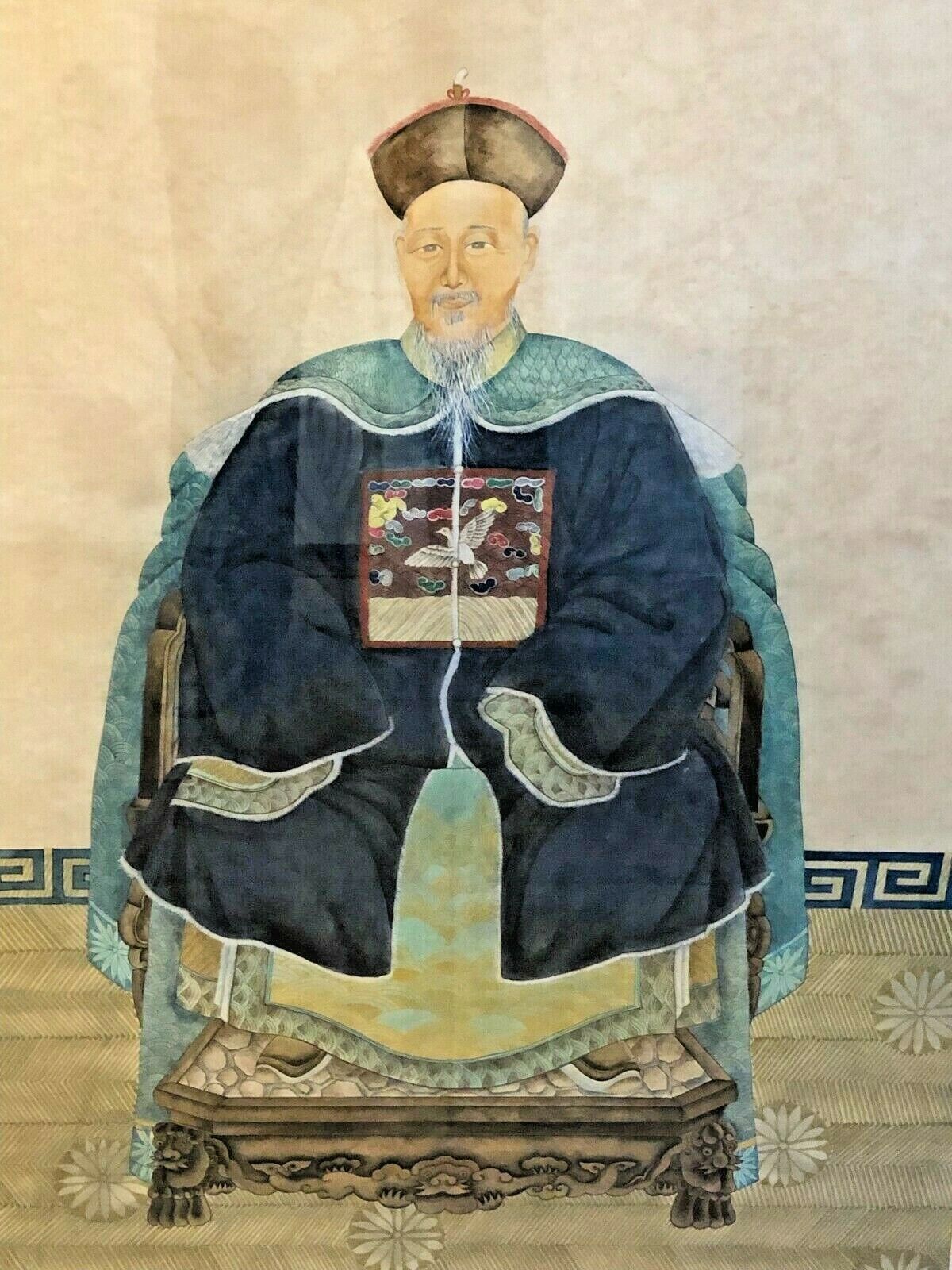 Matched Pair Chinese Ancestor Portraits Large 48"x32" Qing Dynasty 4 Claw Dragon Без бренда - фотография #6