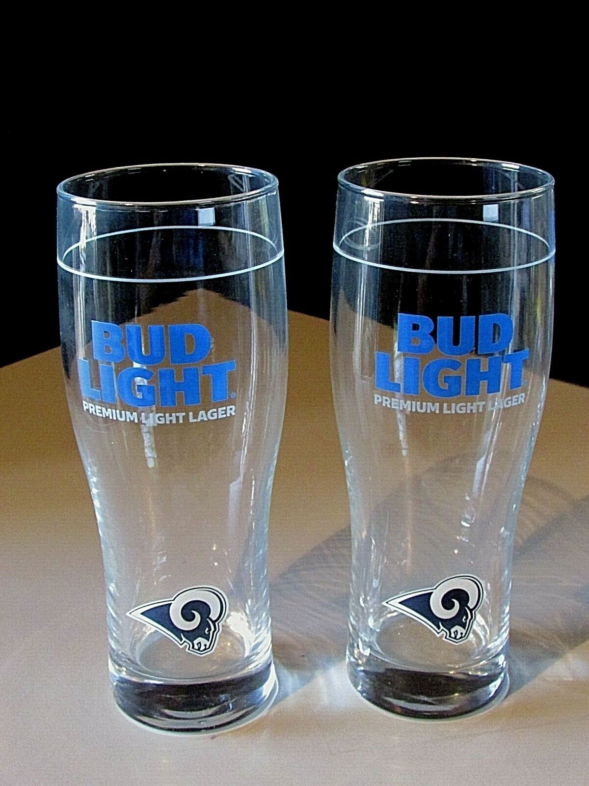 (2) NEW Rams Football NFL Bud Light Beer Pint Glass 16 oz  Man Cave Bar Lot Bud Light