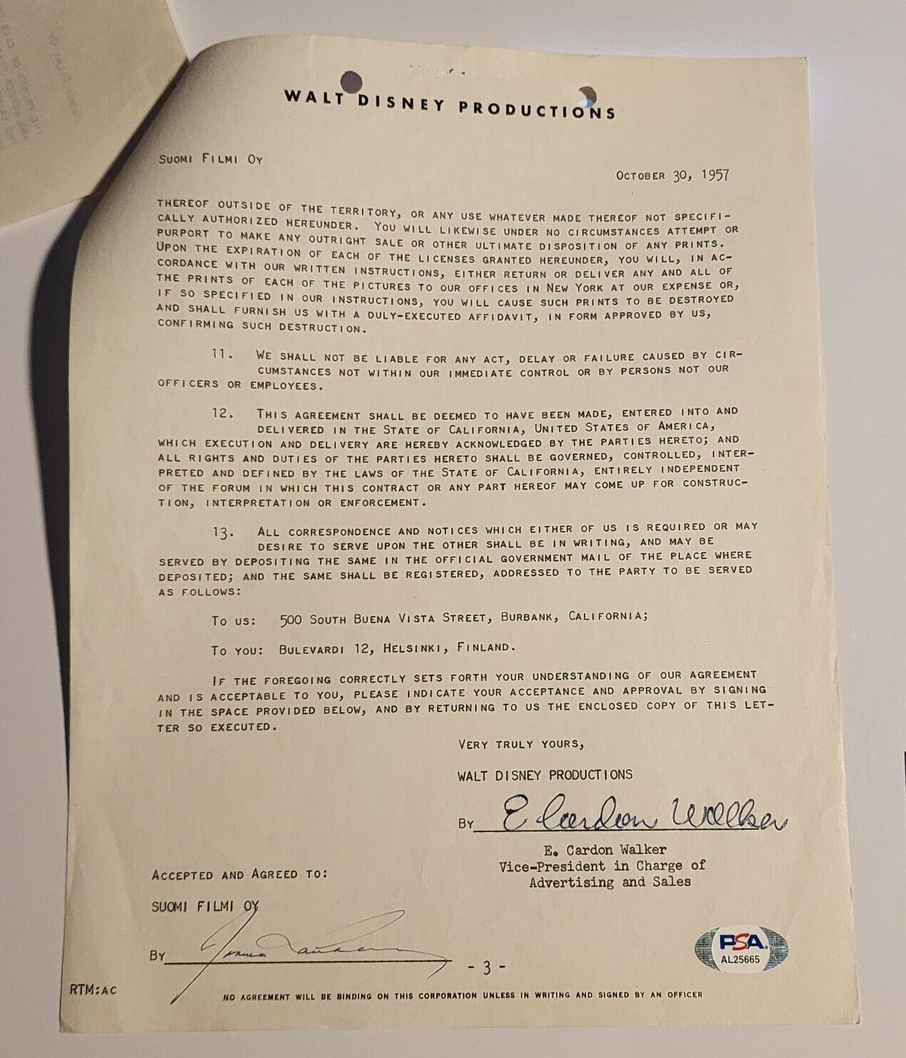 1957 Disney distribution contract signed by E Cardon Walker PSA DNA President 2 Без бренда - фотография #4
