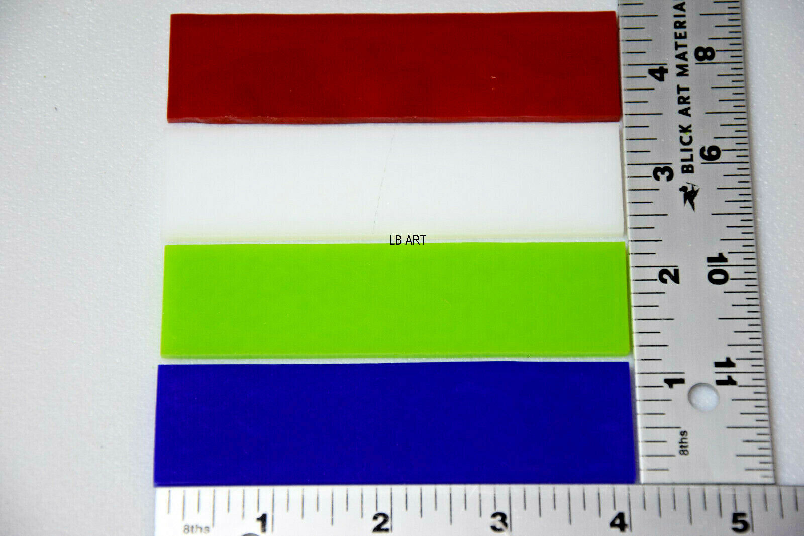 4 PIECES-1"x 4" RED, WHITE, GREEN, BLUE BULLSEYE 3mm THICK GLASS STRIPS 90 COE Bullseye