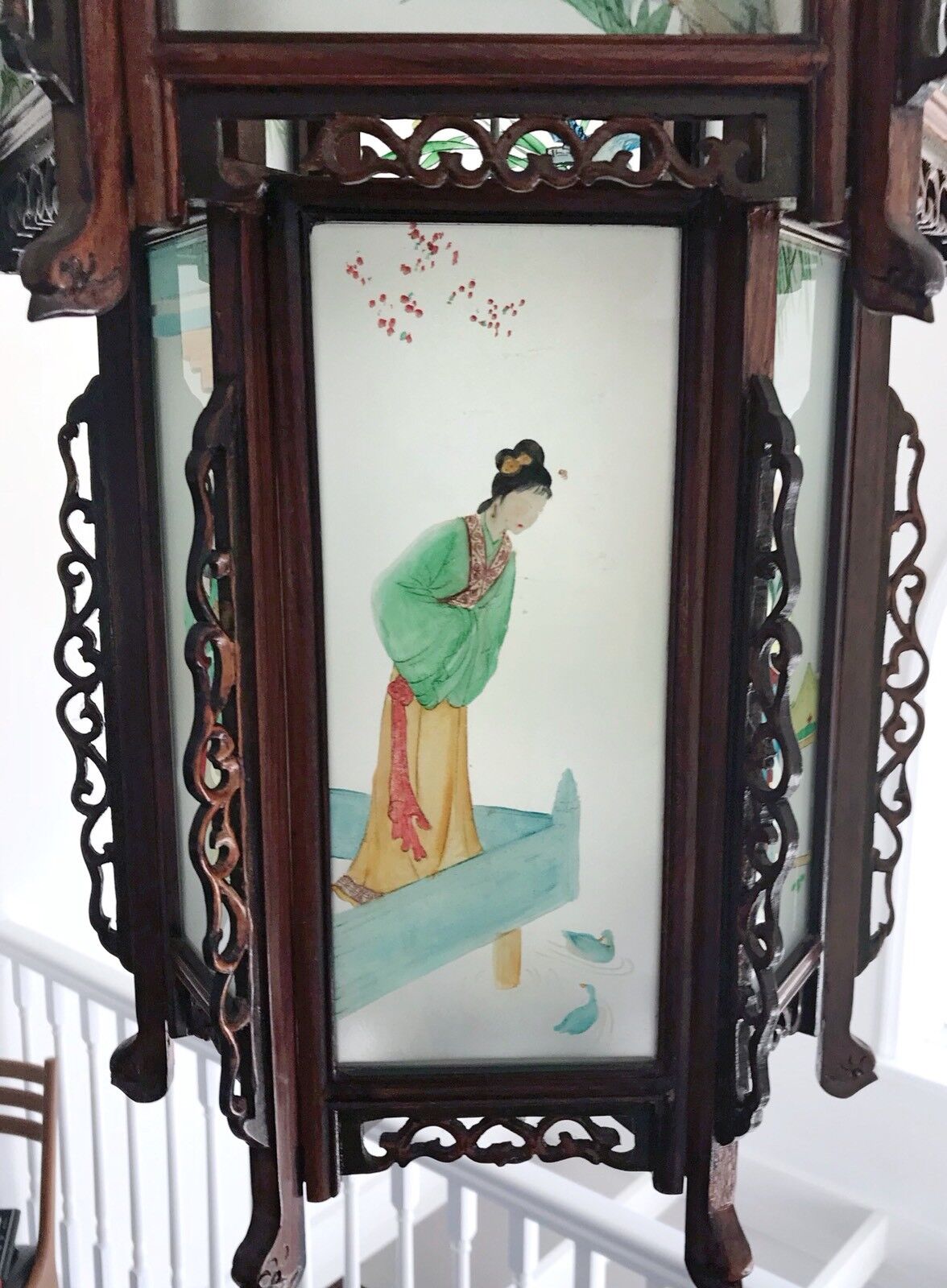 Rare Antique Chinese Zitan Hardwood Reverse Painted Glass Paneled Carved Lantern Без бренда - фотография #10