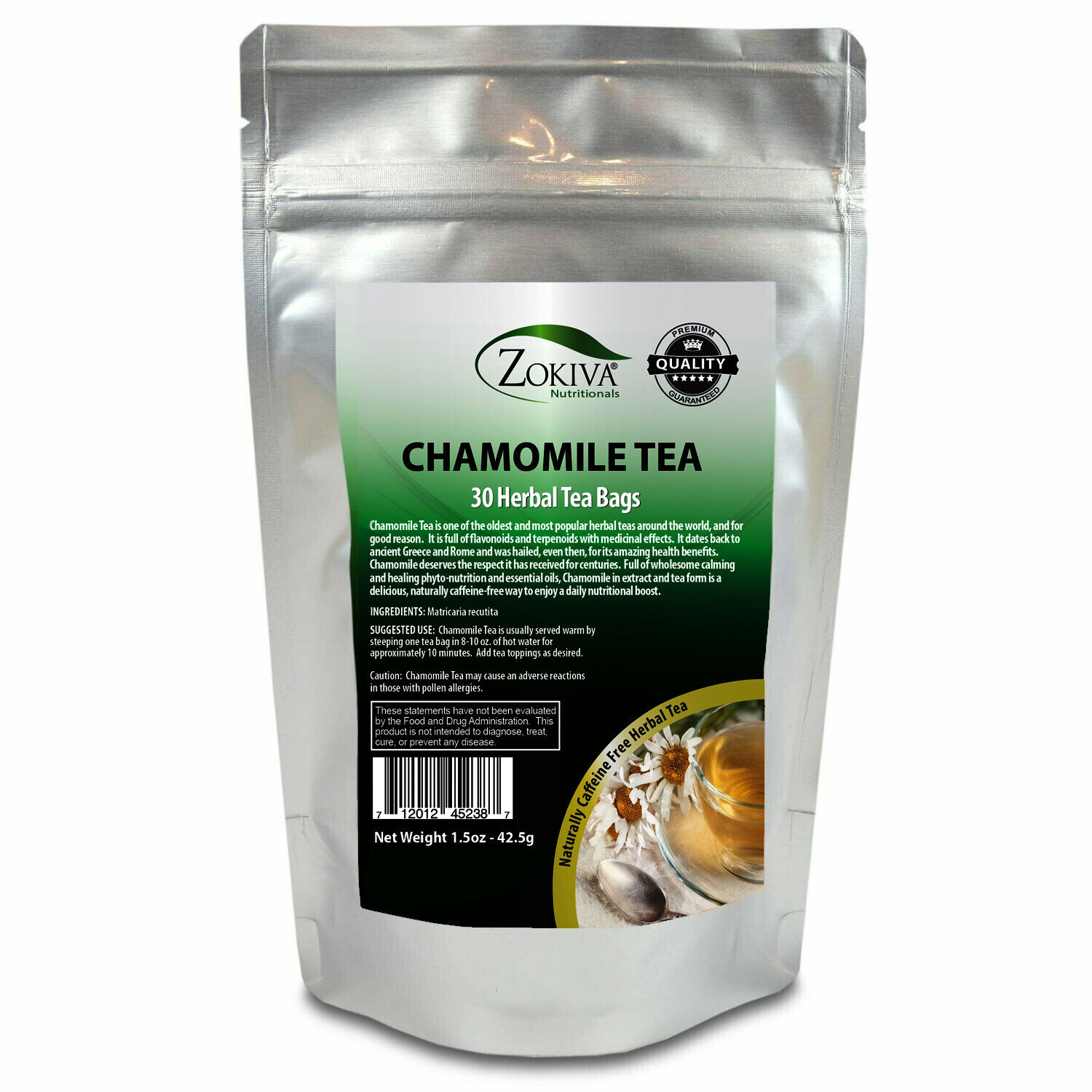 Chamomile Tea Bags (30 Bags) All-Natural Premium Calming Tea In Resealable Pouch Zokiva Nutritionals ZOKIVA-CHAMOMILE-30