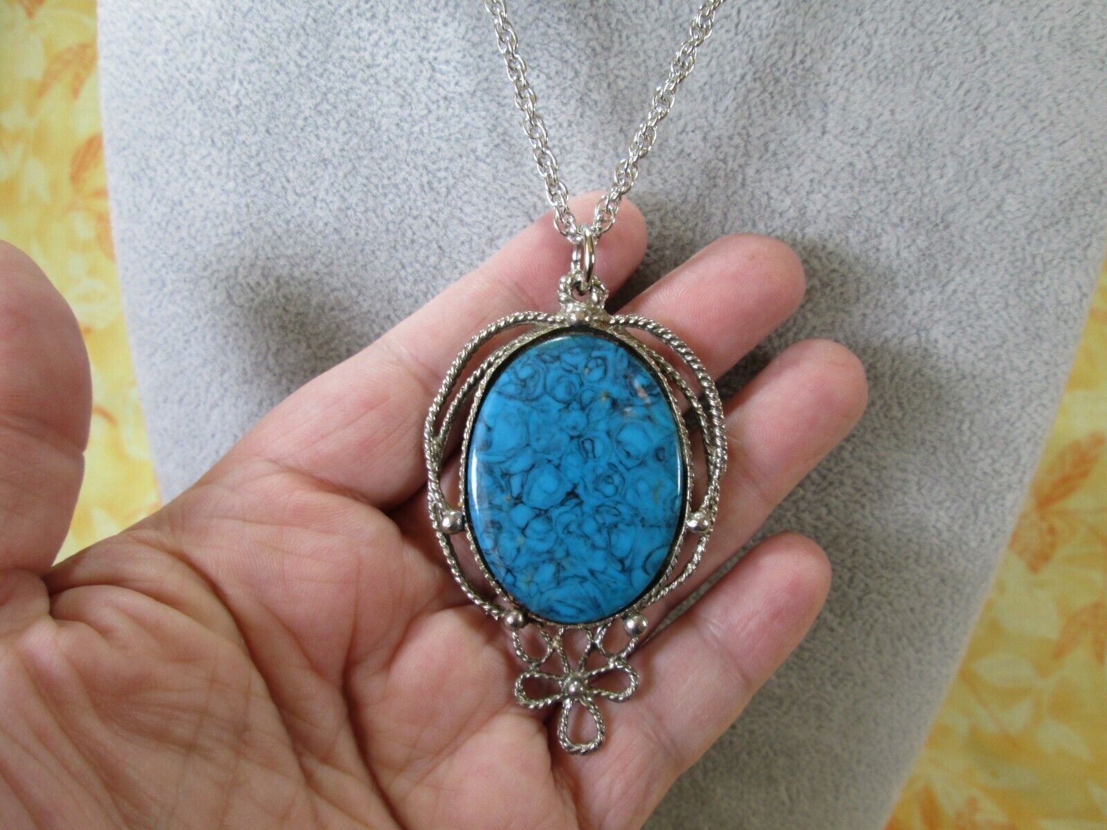 Vintage Large Blue Faux Stone Pendant w/ Silver Plated Rope Chain 28" / 1N Unbranded - фотография #4
