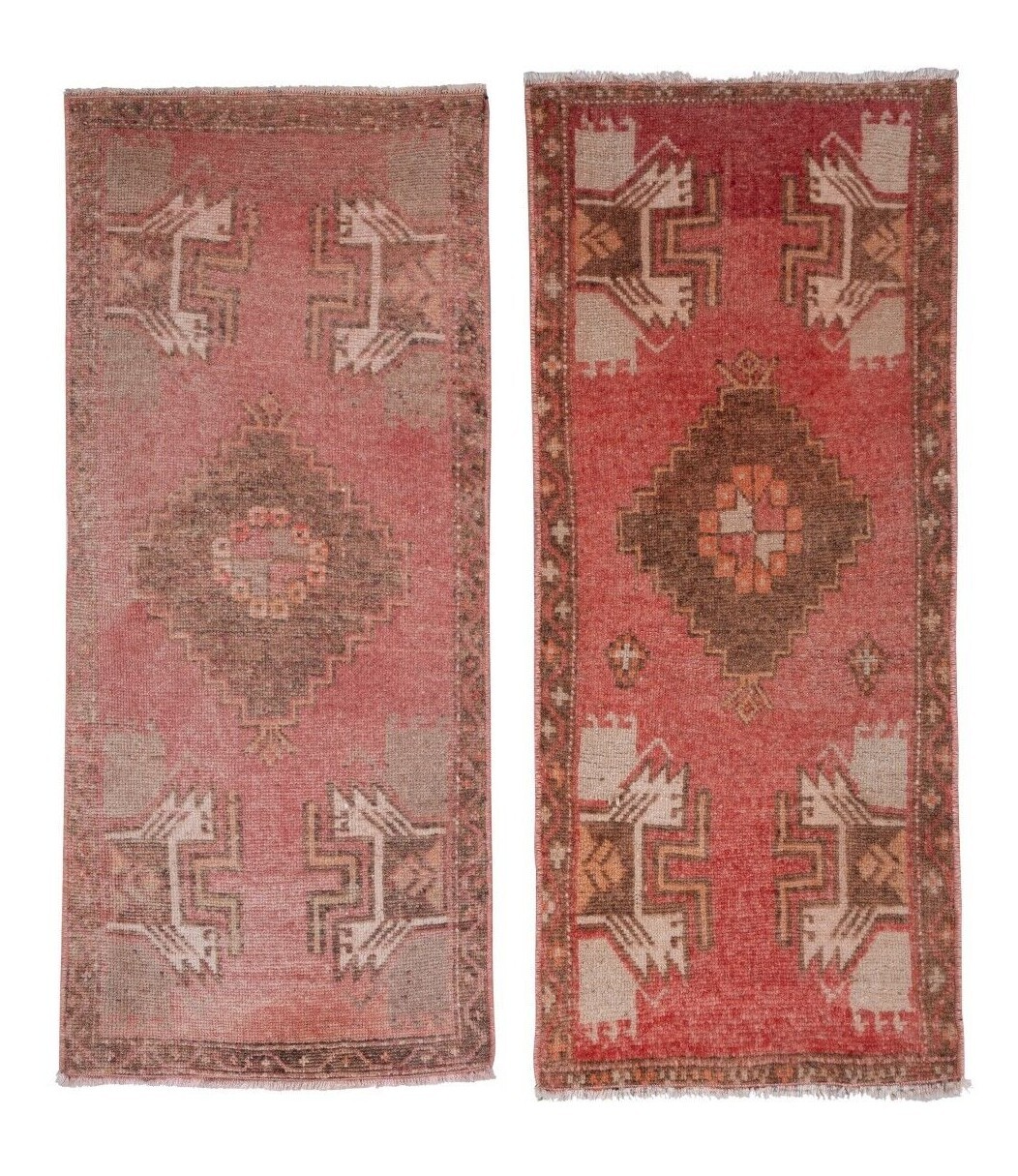 Set of 2 Piece Hand Knotted Oriental Turkish Small Door Mat Handmade Runner Rug