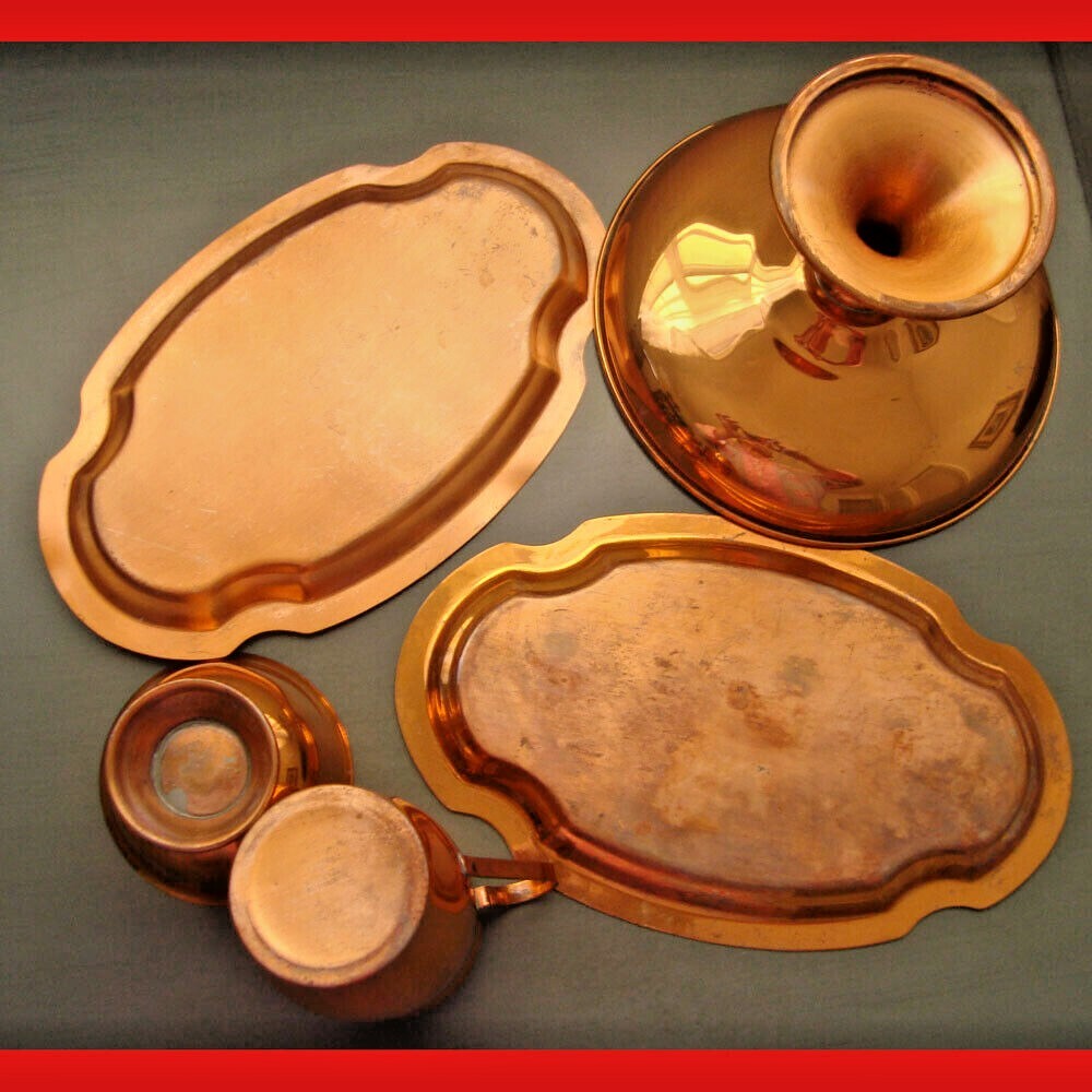 1960s 5 Piece Copper Lot RoseMar Creamer Sugar Bowl 2 Trays Footed Dessert Dish Без бренда - фотография #5