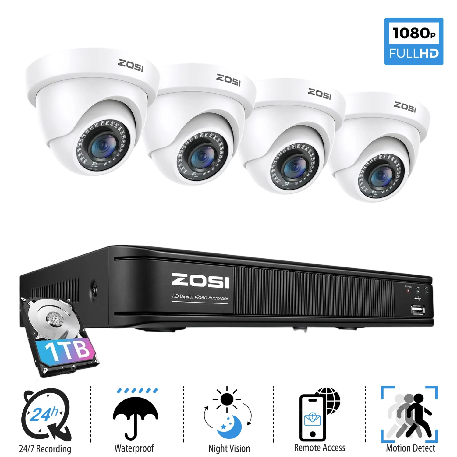 ZOSI 1080p Surveillance 8CH DVR Security Home Camera System 1TB HDMI IR Night ZOSI Does Not Apply