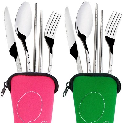 4 Pcs Cutlery Travel Knife Fork Portable Bag Stainless Steel Spoon Chopstick US Unbranded - фотография #2