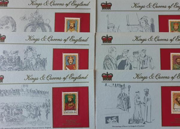 KINGS & QUEENS OF ENGLAND GRANADA STAMP & FACT SHEETS Без бренда