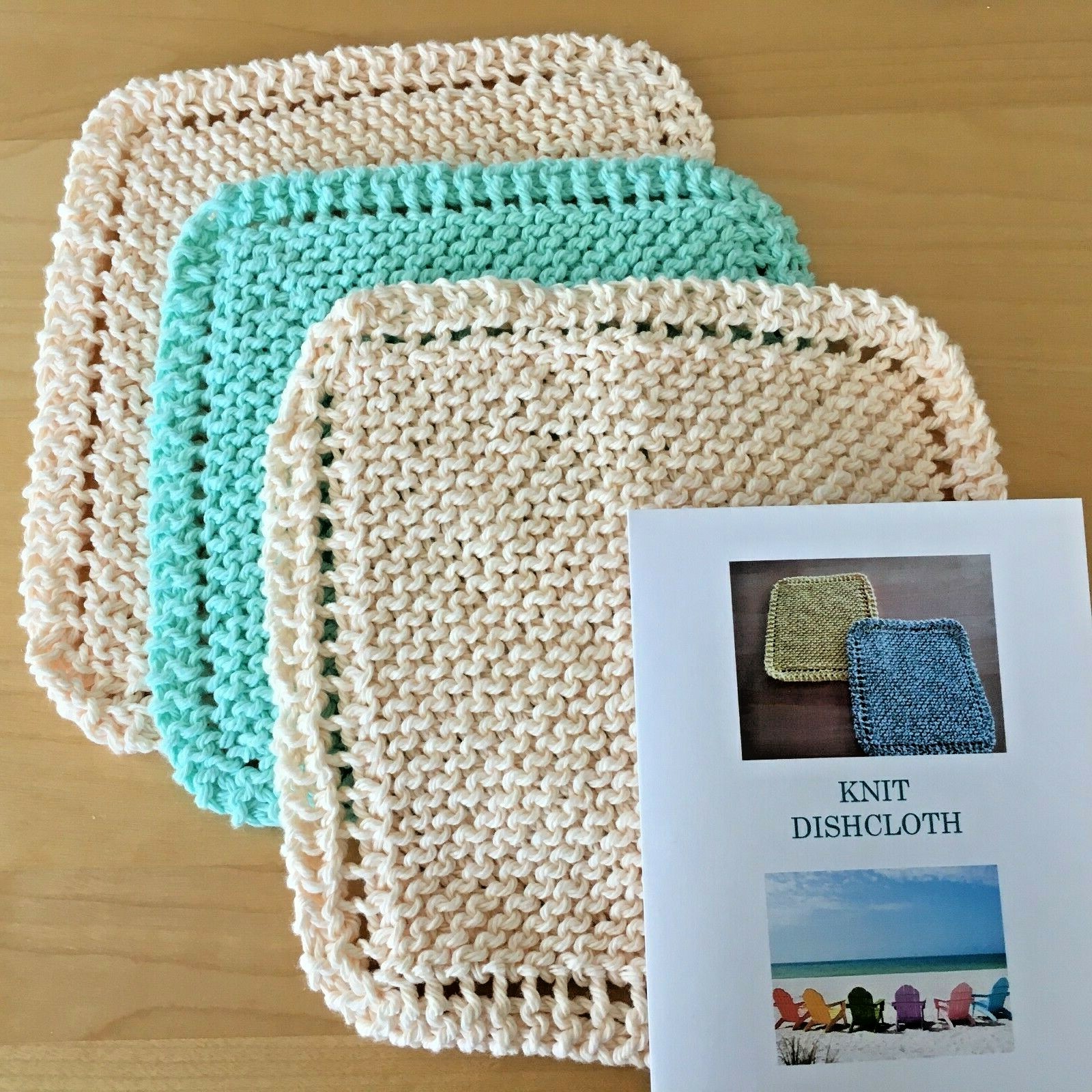 NEW Set of 3- Hand Knit-DISHCLOTHS / WASHCLOTHS with Directions (Ecru & Mint Gr) Lily Sugar 'n Cream - фотография #5