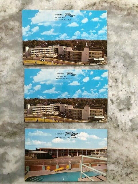 3 Travelodge Motel Postcards. Rochester NY (2 dup.) & San Diego CA. unposted Без бренда