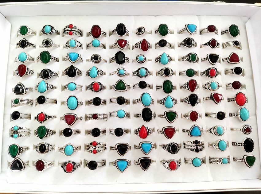 Bulk lots 50pcs Antique Silver Women's Colorful Stone Ring Party Jewelry Mix lot Unbranded