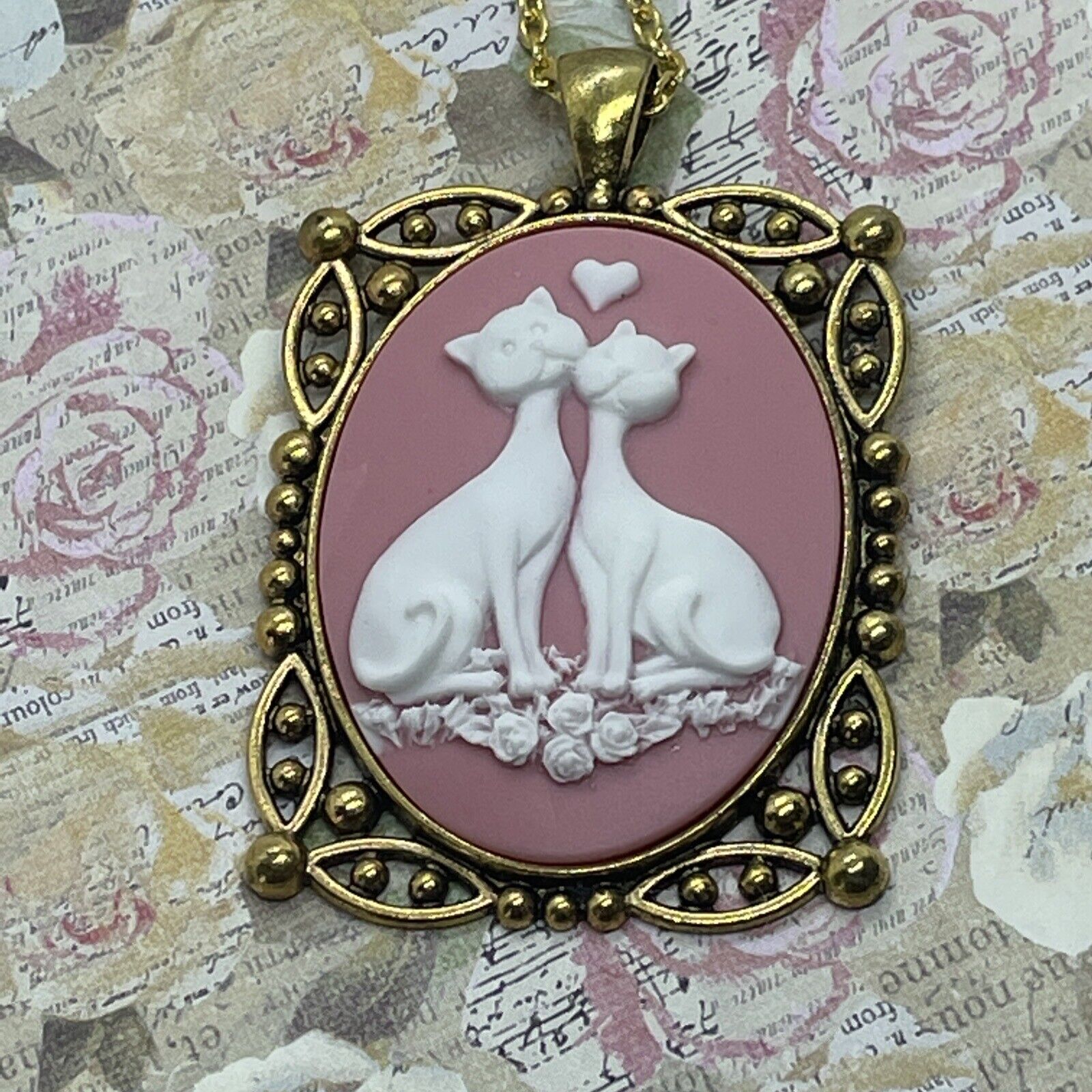 PINK  HEART Gold  BIRTHDAY cameo cat resin cameo Kitten Cat ribbon necklace Cameo