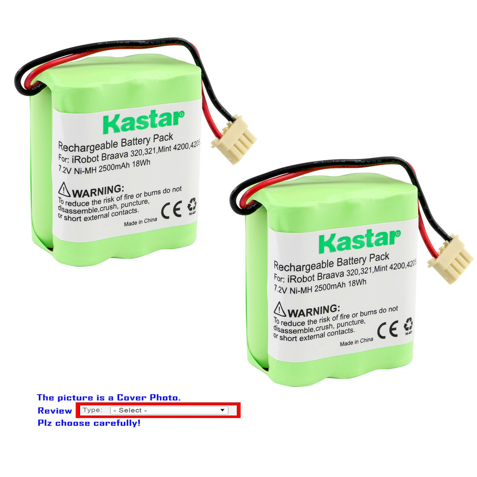 Kastar Ni-MH Battery 7.2V 2500mAh for iRobot Braava 321 Mint 4200 Mint 4205 Kastar SBA-BRAAVA320-2