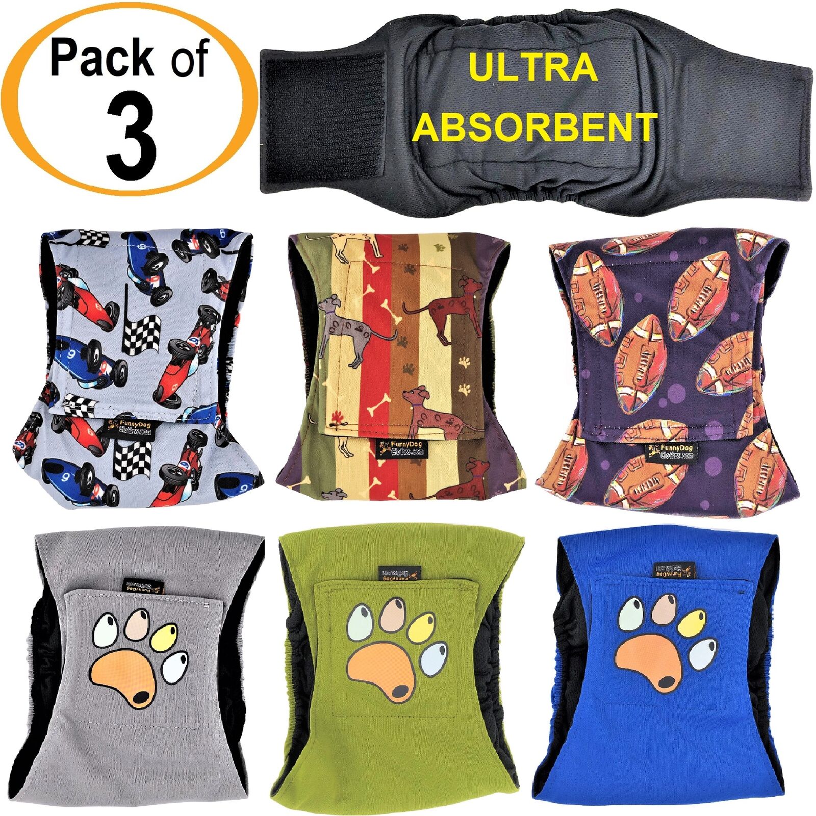 PACK of 3 Dog Diapers Male Belly Band Wrap LEAK PROOF Washable ULTRA ABSORBENT FDC®