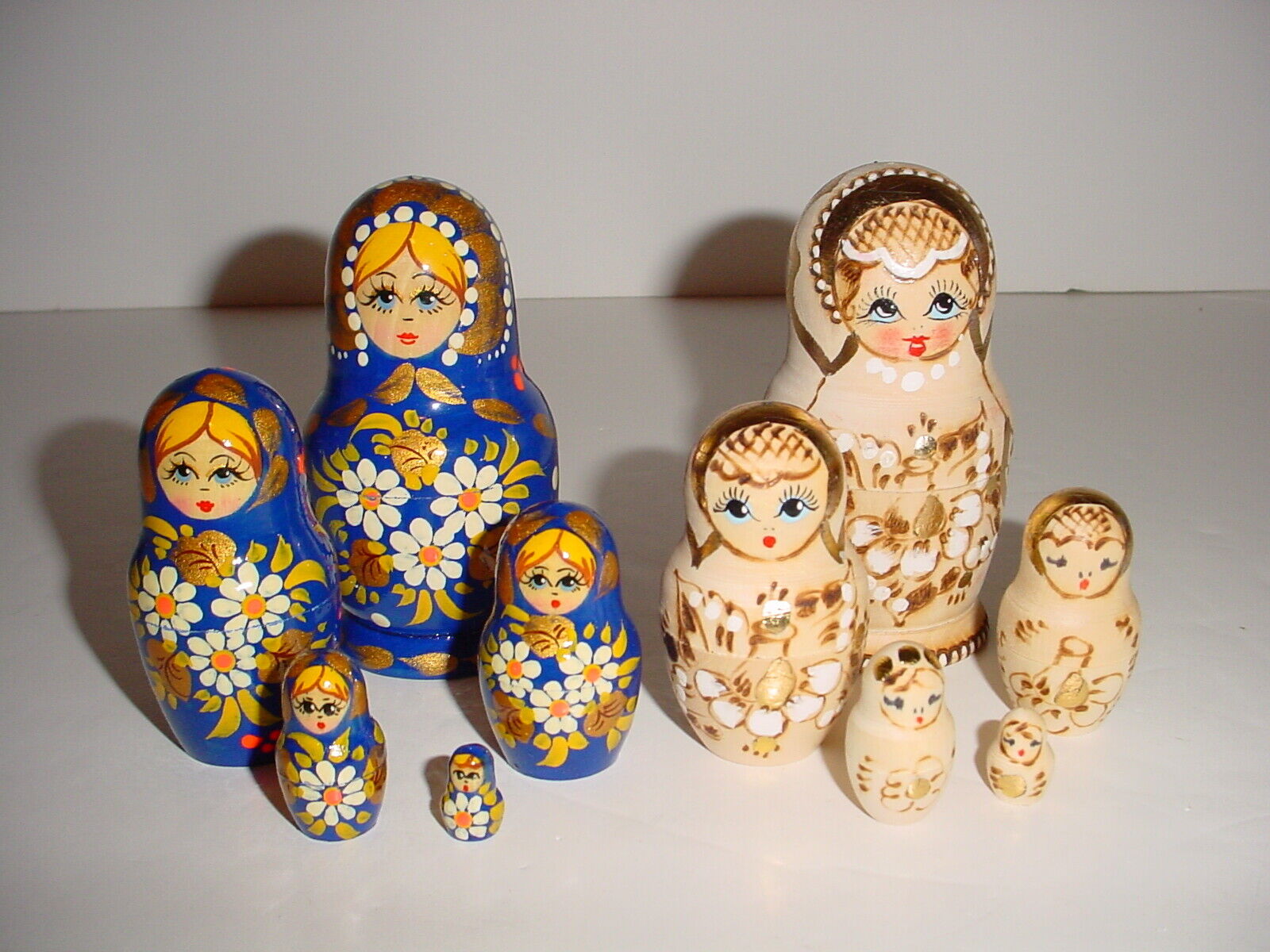 Lot 2 Sets Russian Matryoshka Nesting Dolls Gold Accents - 1 Natural Wood 1 Blue Unbranded