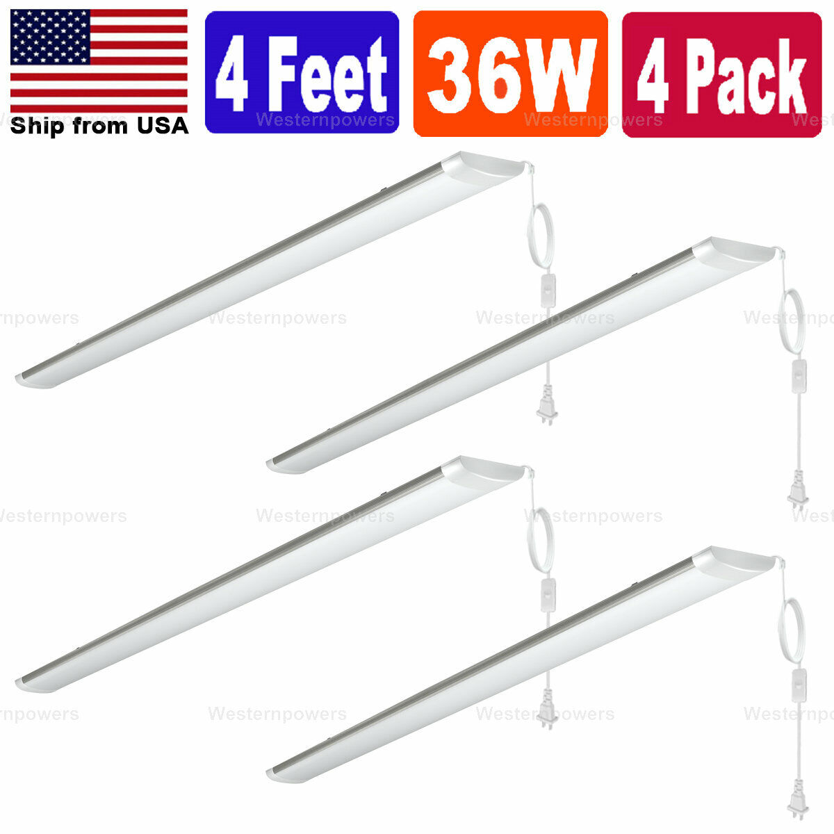 4 Pack LED Shop Light Utility Ceiling Garage Workshop Easy Mount LED 36W (144W) westernpowers Does Not Apply