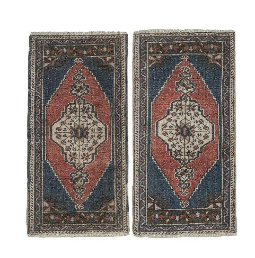 Red Turkish Vintage Handmade Geometric Anatolian Rug - Set of Two  Handmade