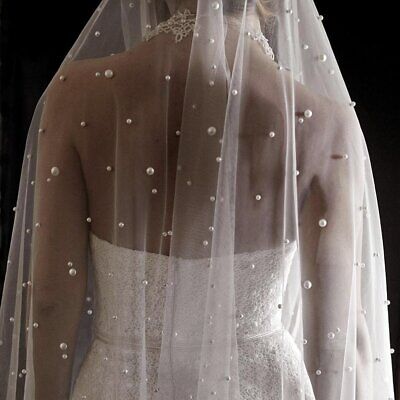 The Wedding Nook Collection - Pearls White Ivory Long Bridal Veil with Comb One ZCute Store