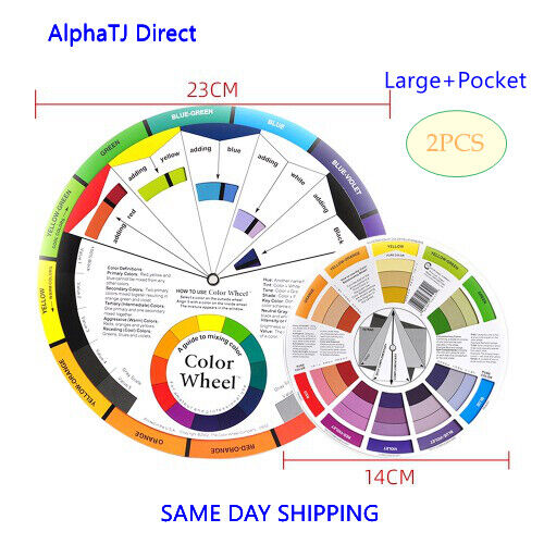 2) Large + Pocket Color Wheel Chart Painting Mixing Guide 2 SIDES  w/ Gray Scale Color Wheel alphawheel