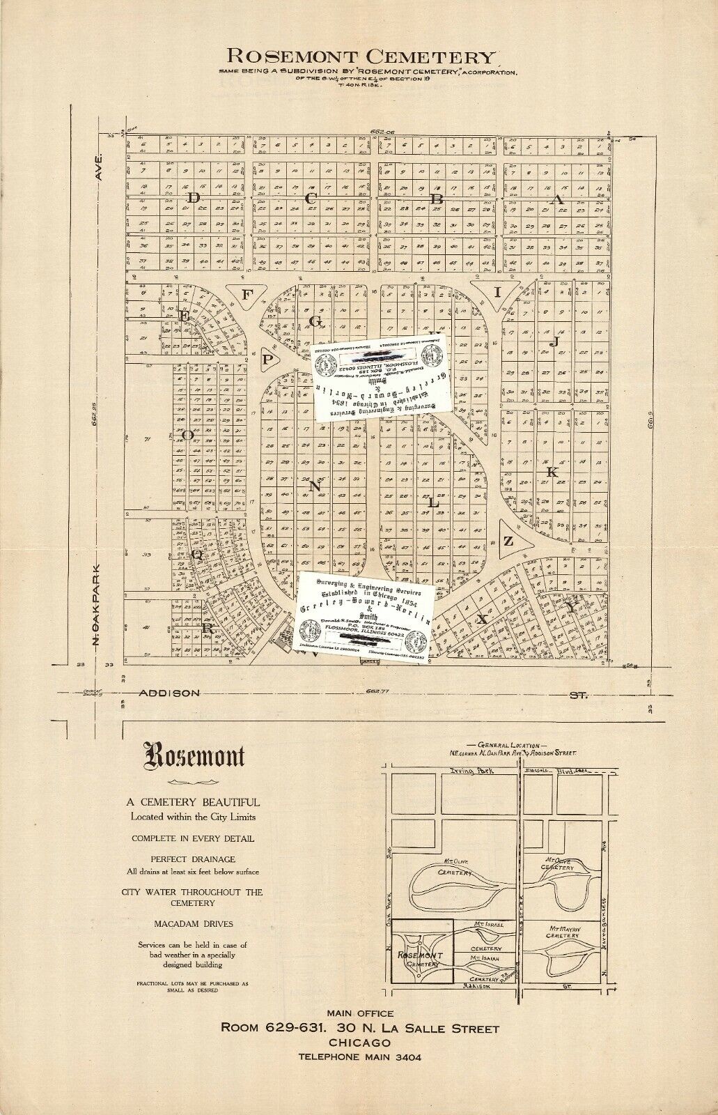 Chicago Antique MAP: Rosemont Park Cemetery/ZION GARDENS/Rosemont Cemetery +docs Без бренда