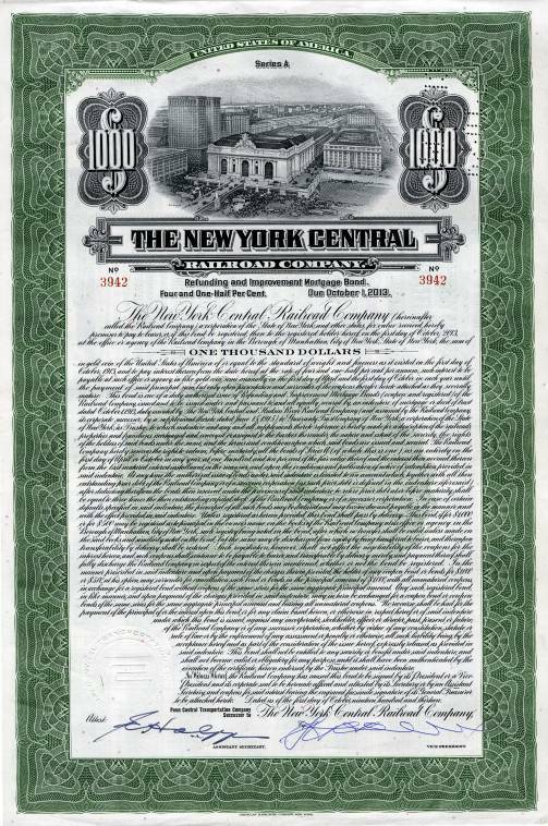 2 $1000 NY CENTRAL RR BONDS incl RARE 1913 GREEN! GRAND CENTRAL/FULL COUP SHEETS Без бренда - фотография #3